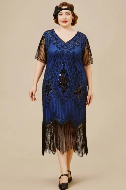BABEYOND Dresses|Vintage Paisley Flapper Gatsby Plus Dress Dark Blue