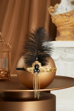 BABEYOND Headpieces & Fascinators|Vintage Sequin Chain Ostrich Headdress Black/Gold