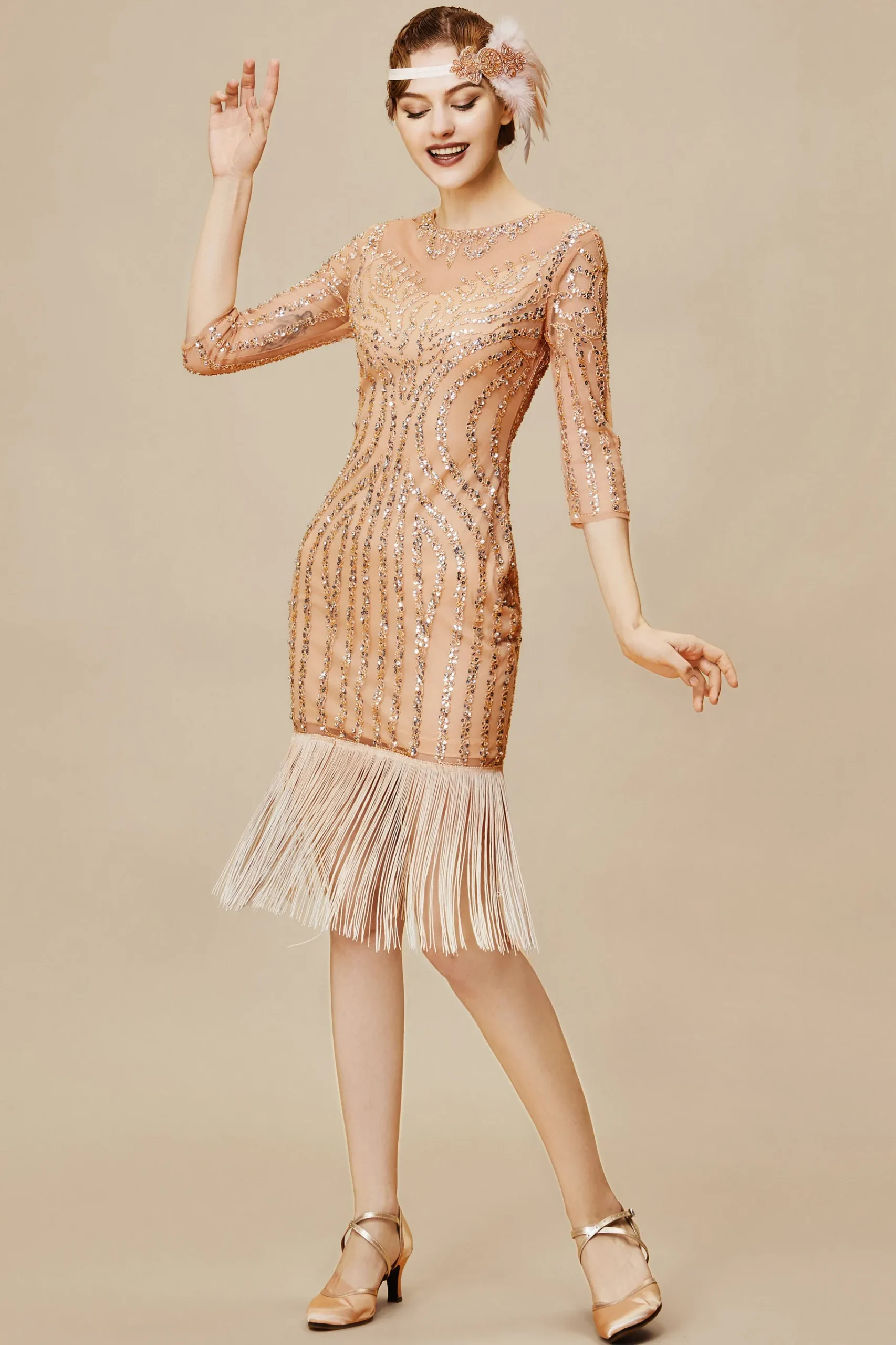 BABEYOND Dresses|Vintage Sheer Sleeve Cocktail Party Dress Champagne