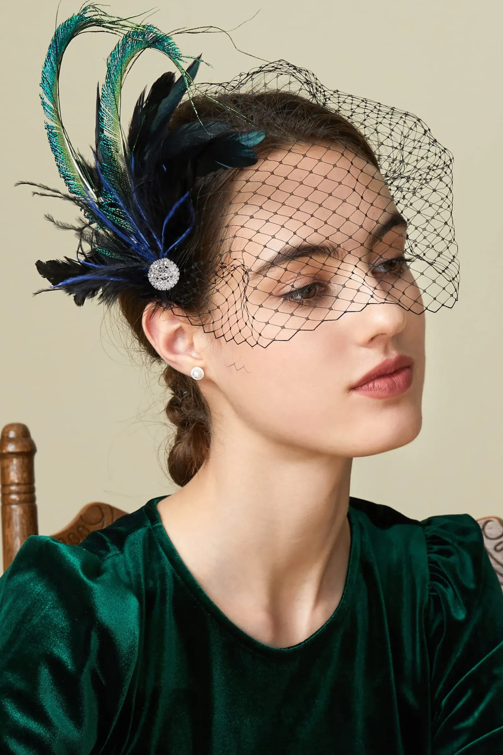 BABEYOND Headpieces & Fascinators|Vintage Veil Peacock Feather Fascinator Dark Green