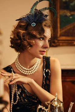 BABEYOND Headpieces & Fascinators|Vintage Veil Peacock Feather Fascinator Dark Green