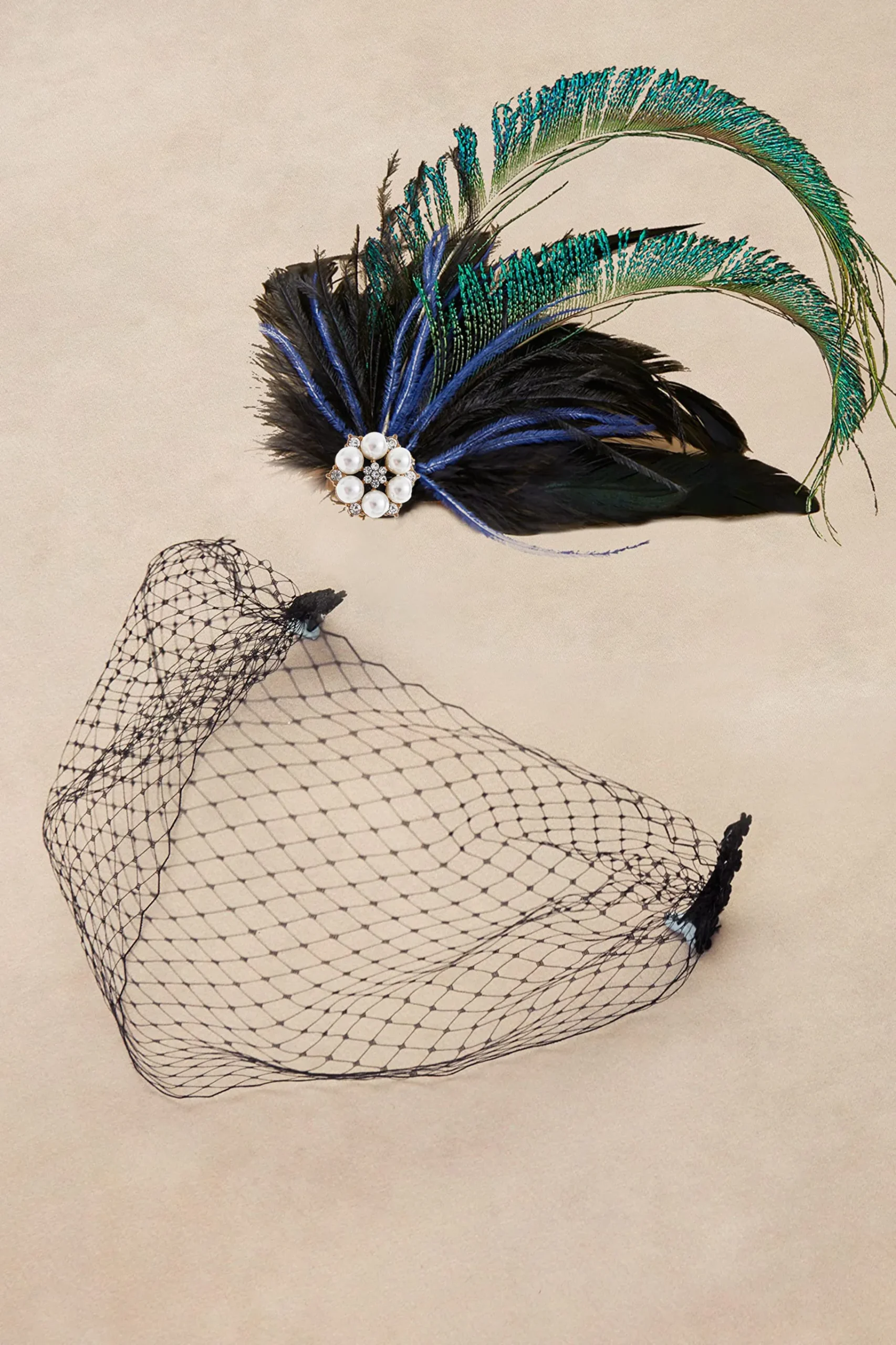 BABEYOND Headpieces & Fascinators|Vintage Veil Peacock Feather Fascinator Dark Green