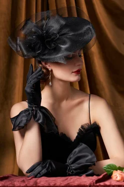 BABEYOND Headpieces & Fascinators|Wide Brim Mesh Floral Cocktail Fascinator Black