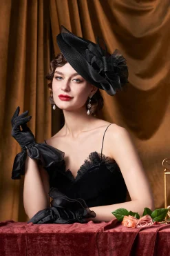 BABEYOND Headpieces & Fascinators|Wide Brim Mesh Floral Cocktail Fascinator Black